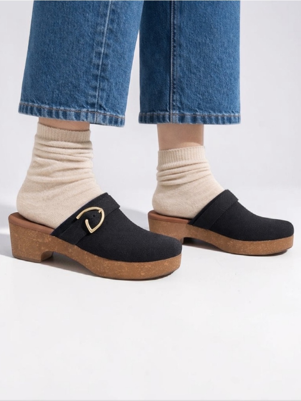NEW Rothy’s Classic Clog Buckle Cork Heel Knit, Black Gold, Size 10.5 Rothys